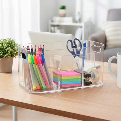 STORi Bliss 5-Compartment Plastic Cosmetics Storage Organizer, Set of 2 | Clear | Rectangular Divided Makeup Bin & Vanity Caddy with Pass-Through Handles | Round Corner Design | Made in USA