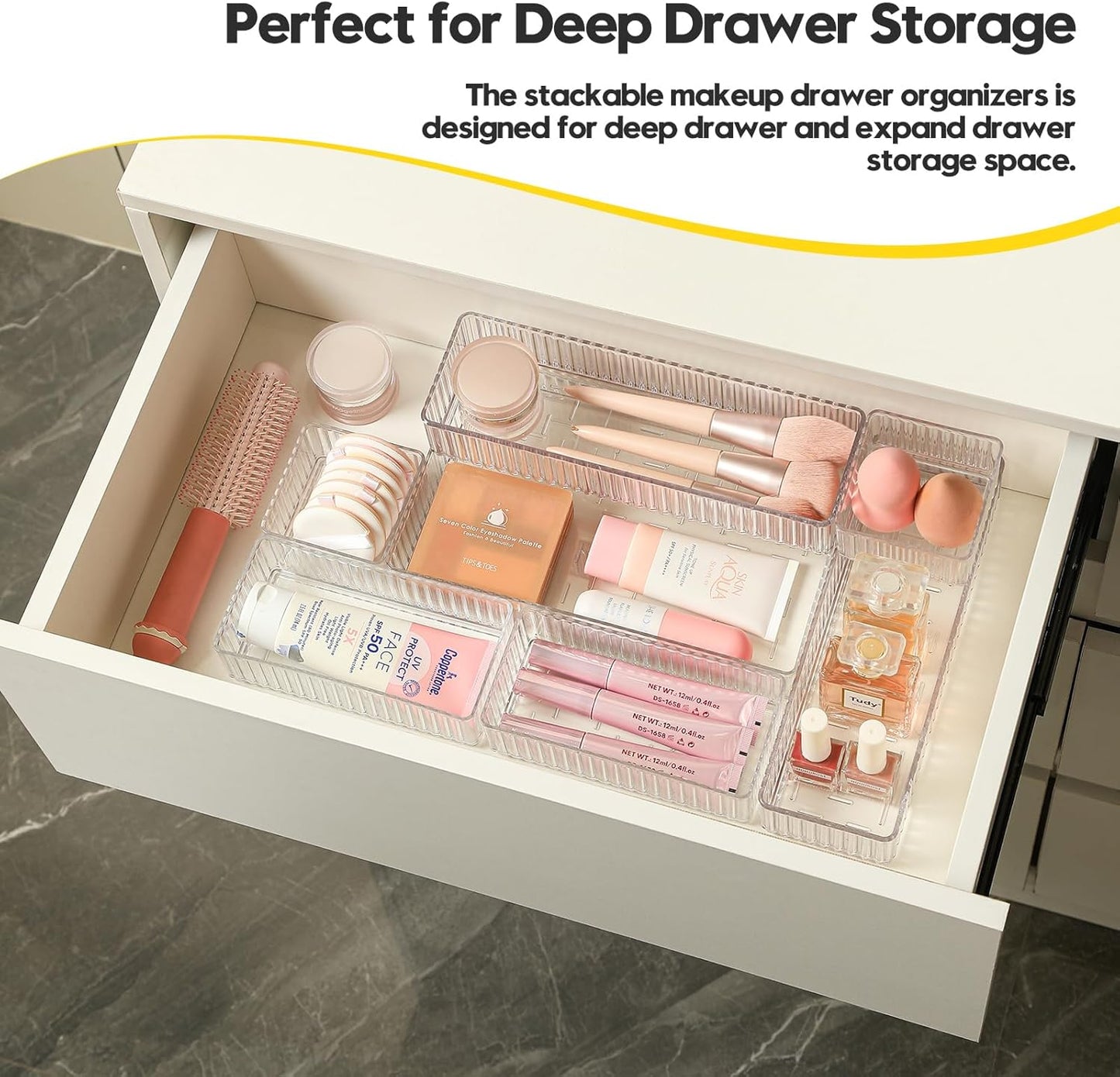 Drawer Organizer Bins, 7 Pcs Clear Stackable Makeup & Desk Organizer with Interlocking Clips, 4 Sizes Vanity Drawer Trays for Bathroom Cosmetic, Home Office & Kitchen