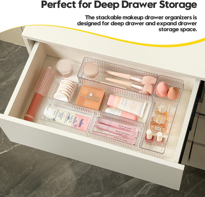 Drawer Organizer Bins, 7 Pcs Clear Stackable Makeup & Desk Organizer with Interlocking Clips, 4 Sizes Vanity Drawer Trays for Bathroom Cosmetic, Home Office & Kitchen