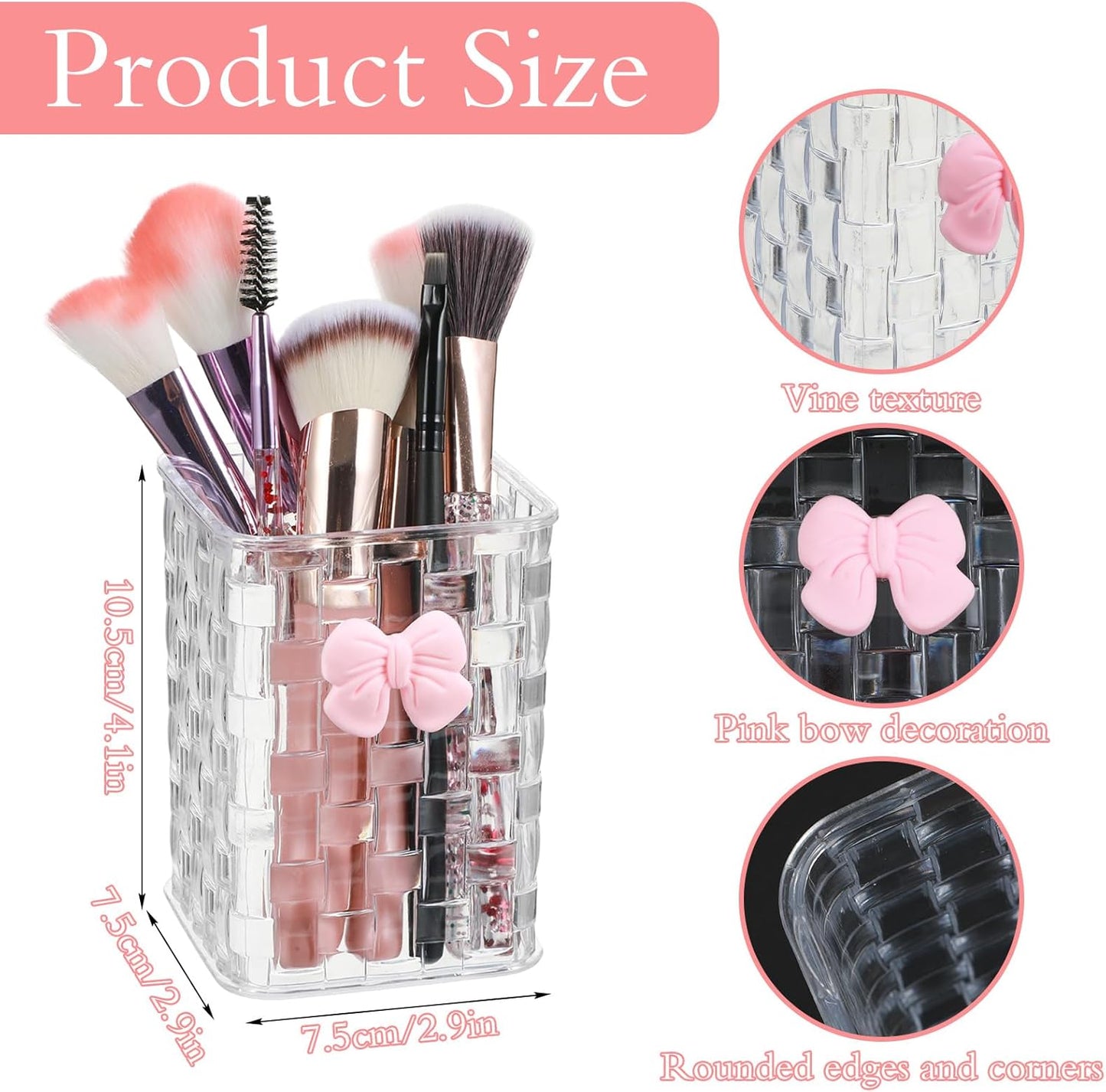 Acrylic Pen Holder for Desk, Cute Clear Makeup Brush Holders with Woven Texture and Bow, Transparent Pencil Organizer for Office Home School Cosmetic, Back To School Gift for Teachers Classmate