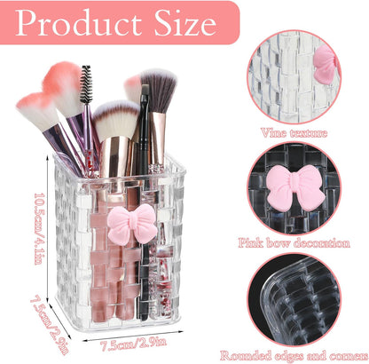 Acrylic Pen Holder for Desk, Cute Clear Makeup Brush Holders with Woven Texture and Bow, Transparent Pencil Organizer for Office Home School Cosmetic, Back To School Gift for Teachers Classmate