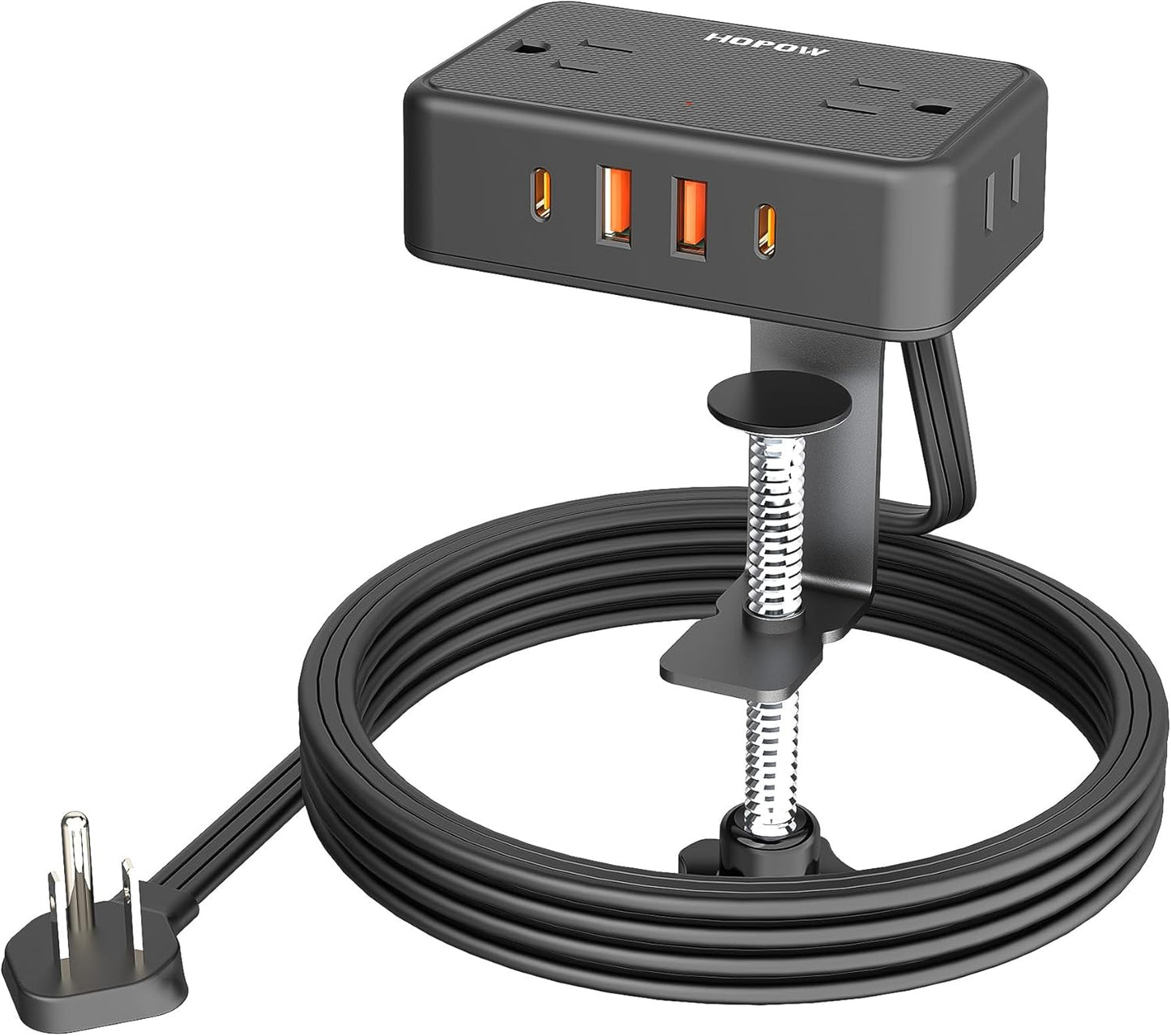 HOPOW Desk Clamp Power Strip, Desktop Mount Charging Station with 4 Outlets 4 USB Ports (2 USB C), 10Ft Under Desk Power Strip, Fits 2.75" Tabletop Edge, Extension Cord for Home Office, Black