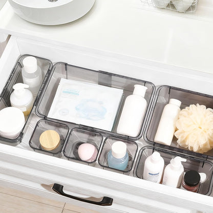 14 Pcs Adjustable Clear Drawer Organizer, Extendable Vanity Storage Bins, Desk Drawer Organizer Set for Makeup, Cosmetics, Bedroom, and Gadgets, Purple
