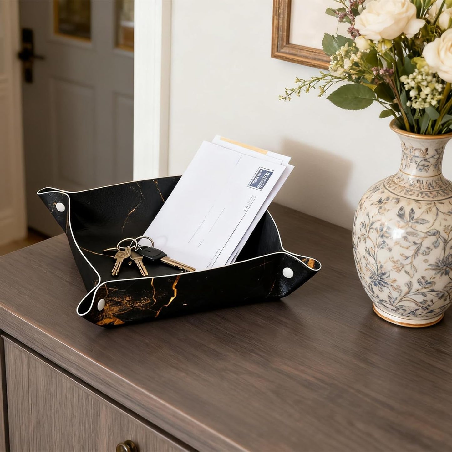 Valet Tray Catchall Trays Green Leaves Key Organizer Leather Tray Night Stand Organizer Bedside Vanity Trays Decor for Entryway Table