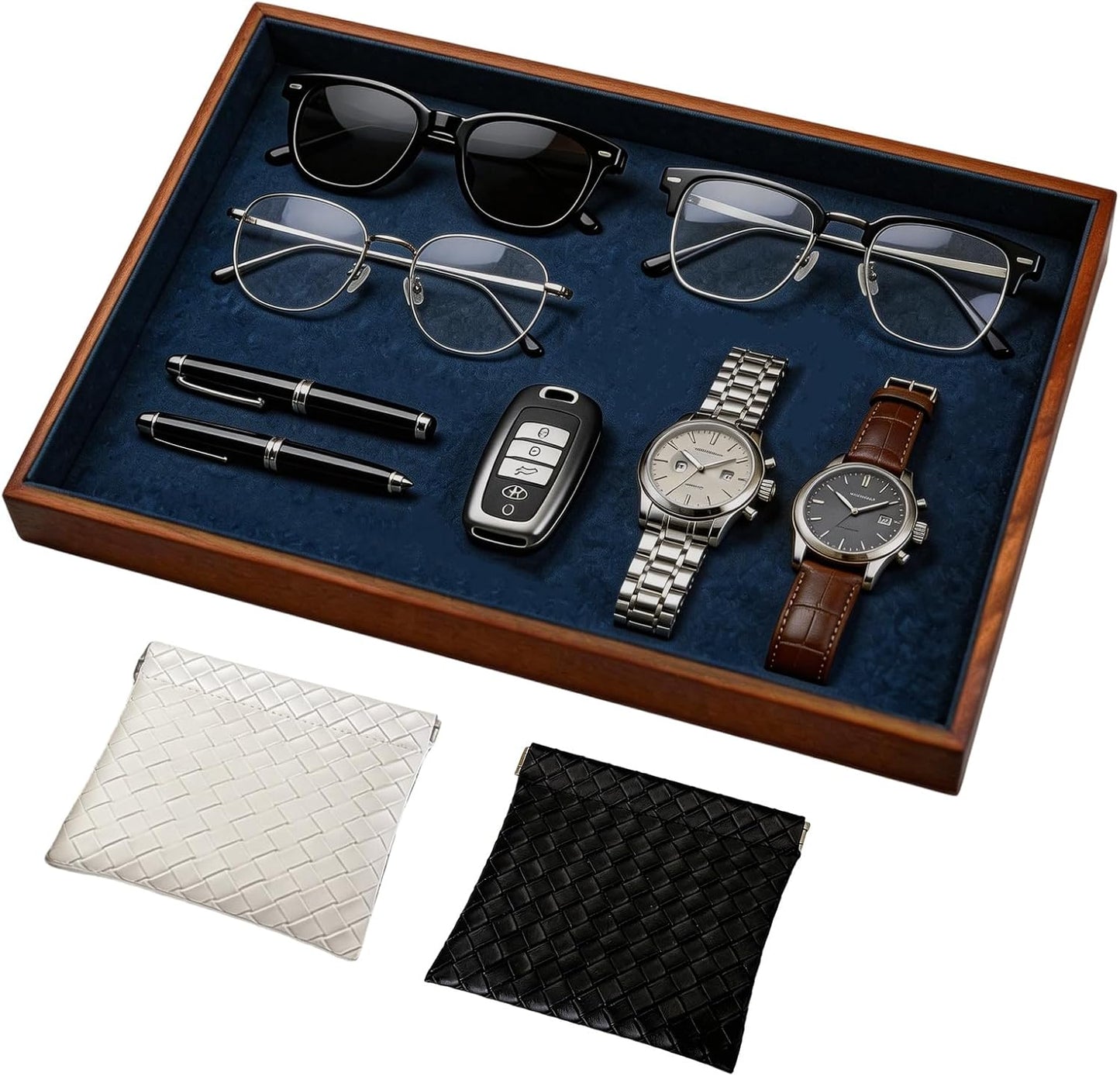 Large Solid Wood Jewelry Watch Tray, Velvet Jewelry Board Display Trays for Key Wallet Ring，Stackable Wooden Jewelry Drawer Organizer Showcase Jewelry Holder(Royal Blue)