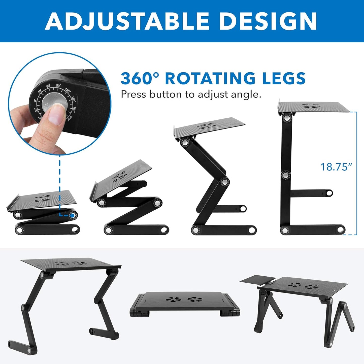 Mount-It! Adjustable Laptop Stand & Lap Desk with USB Cooling Fans, Large Aluminum Laptop Tray with Mouse Pad, Portable Sit-Stand Laptop Desk for Bed, Couch & Table