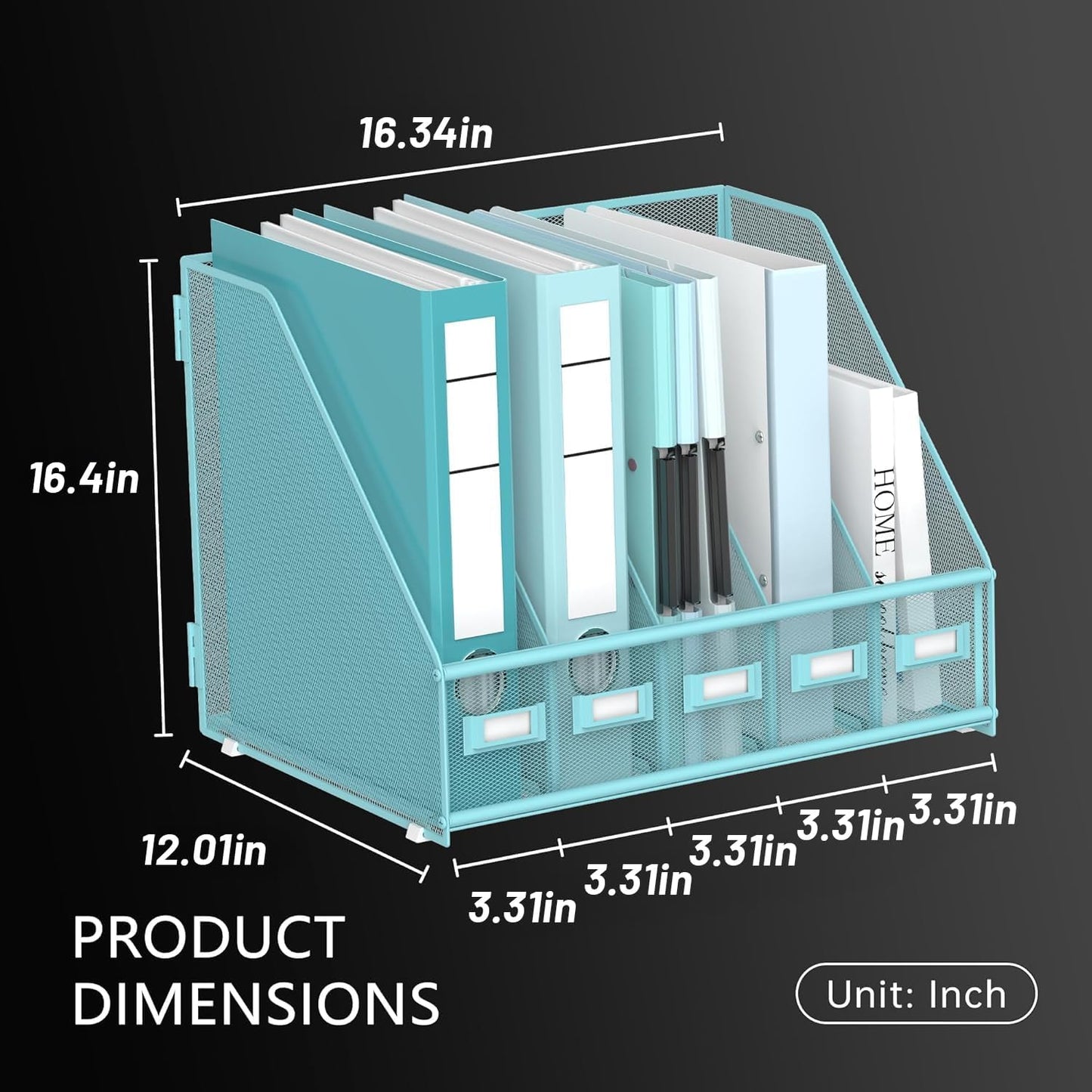 DALTACK 5 Vertical Compartments Magazine File Holder, Binder Organizer, Metal Desk Organizers for Office Home School Classroom Organization, Black