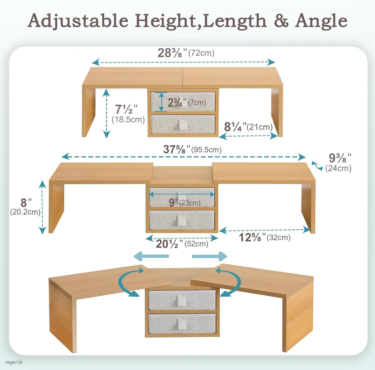 TEAMIX Dual Monitor Stand Riser with 2 Drawers-Length and Angle Adjustable 3 Shelf Monitor Riser with Storage Desk Organizer Large Computer Monitor Stand for 2 Monitors/Laptop/PC,Wood Screen/TV Stand