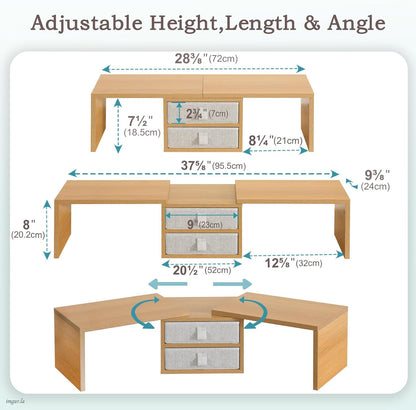 TEAMIX Dual Monitor Stand Riser with 2 Drawers-Length and Angle Adjustable 3 Shelf Monitor Riser with Storage Desk Organizer Large Computer Monitor Stand for 2 Monitors/Laptop/PC,Wood Screen/TV Stand