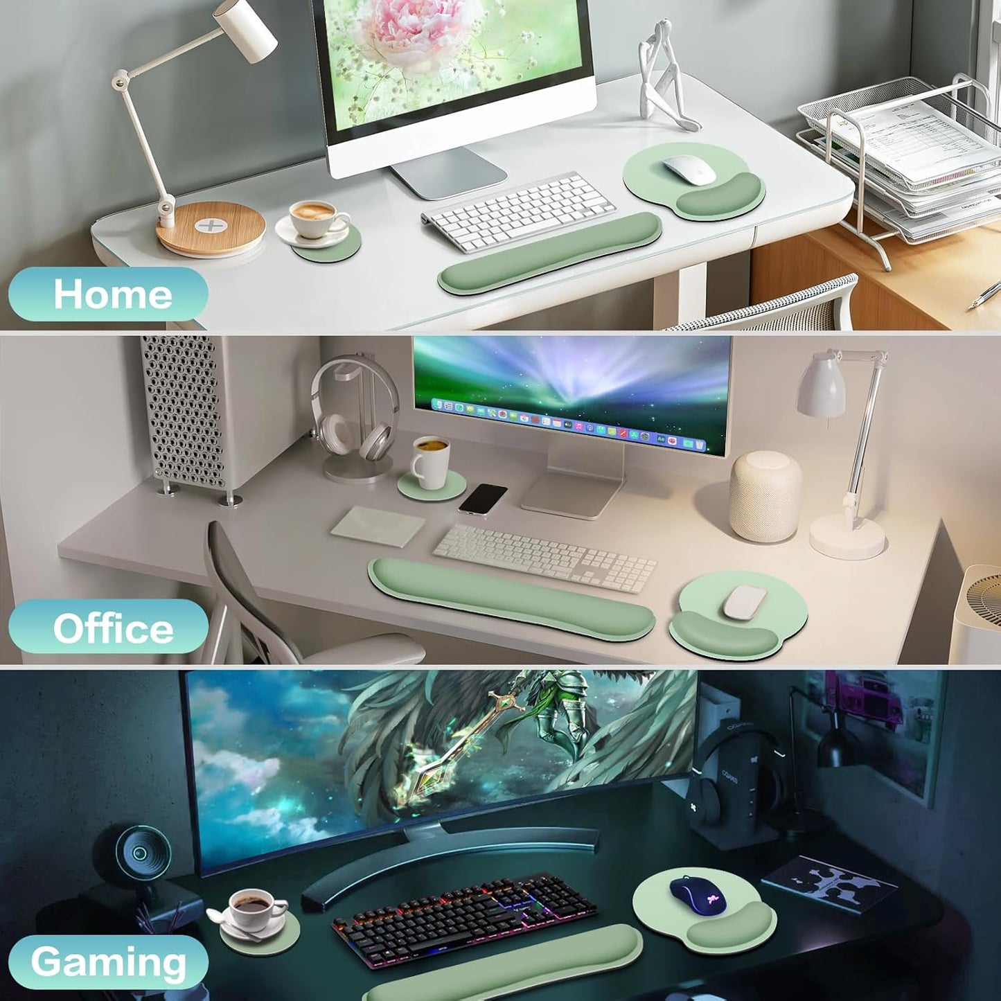 Mouse Pad with Wrist Rest Set, Qomolama 3-in-1 Wrist Support Mouse Pad Set, Floral Gaming Mousepad with Anti-Skid Base,Ergonomic Mouse Pad,Memory Foam Keyboard Gel Wrists Rest