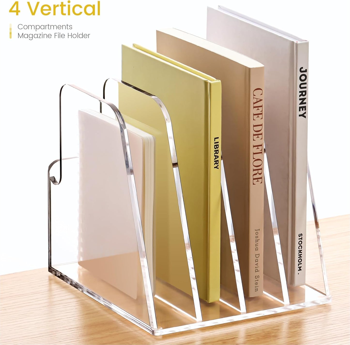 YUXUN Acrylic Magazine Holder,Clear Desk Organizer File Sorter for Notebook,Paper,Envelope,Magazine, Book Storage-Office/Home/Classroom Organization(4 Compartments,B5)