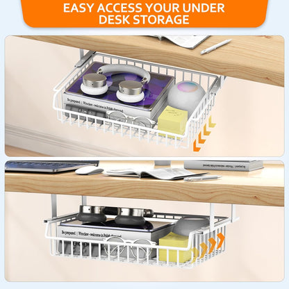 ENONCI Under Desk Drawer, Slide Out Design,No Drill Metal Under Desk Cable Management, Under Table Storage Shelf Tray Basket Under Table Drawer Organizer for Office, Home, Workspace, Cabinet