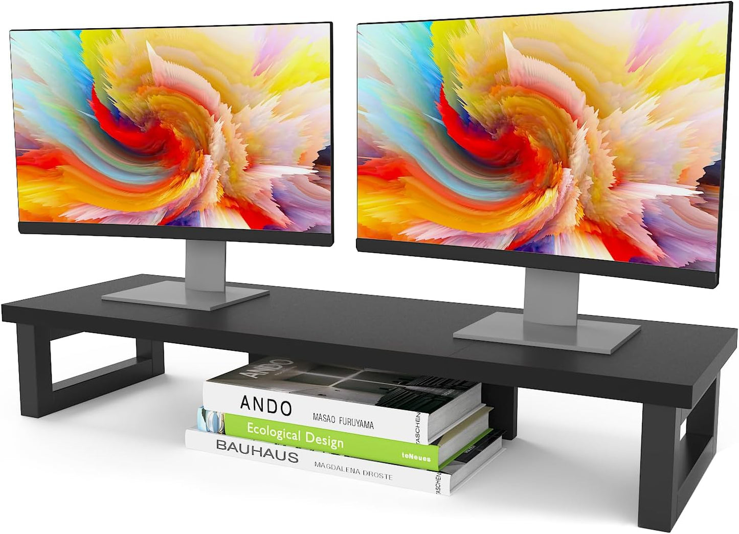 WESTREE Dual Monitor Stand Riser, Wood and Steel Multi-Purpose Desktop Storage Stand for 2 Monitors for Computer, Laptop, Printer, TV, Rustic Brown