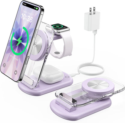 3 in 1 Magnetic Wireless Charging Station for Apple Devices, Fast Foldable Travel Mag-Safe Charger Stand with Night Light for iPhone 17 16 15 14 13 12 Series, Apple Watch/AirPods Pro, BU