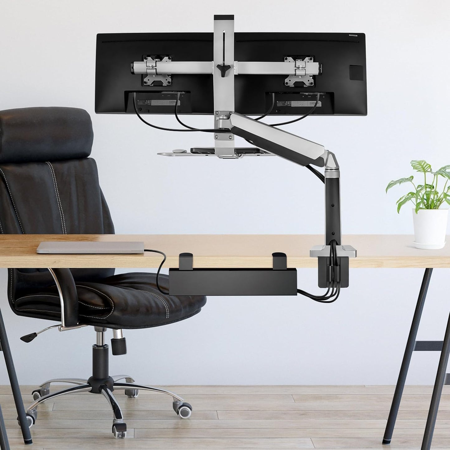 Mount-It! Under Desk Cable Management Tray – Clamp-On No-Drill Metal Cable Management Tray for Desk & Standing Desk, Wire & Cord Organizer for Power Strips, Glass Desks – 23.6” Black