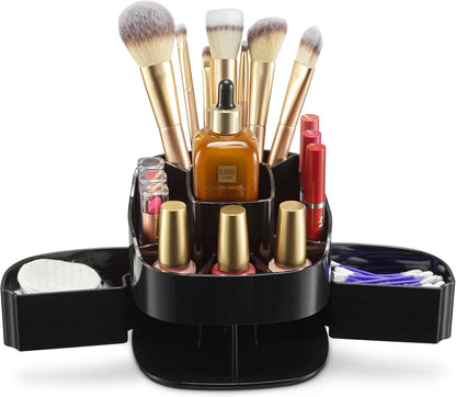 Masirs Small 360 Rotating Makeup Organizer - Mini Yet Spacious Cosmetic Storage Solution with Multiple Compartments - The Perfect Spinning Make-Up Caddy for Vanity or Bathroom Counter (Round - Clear)