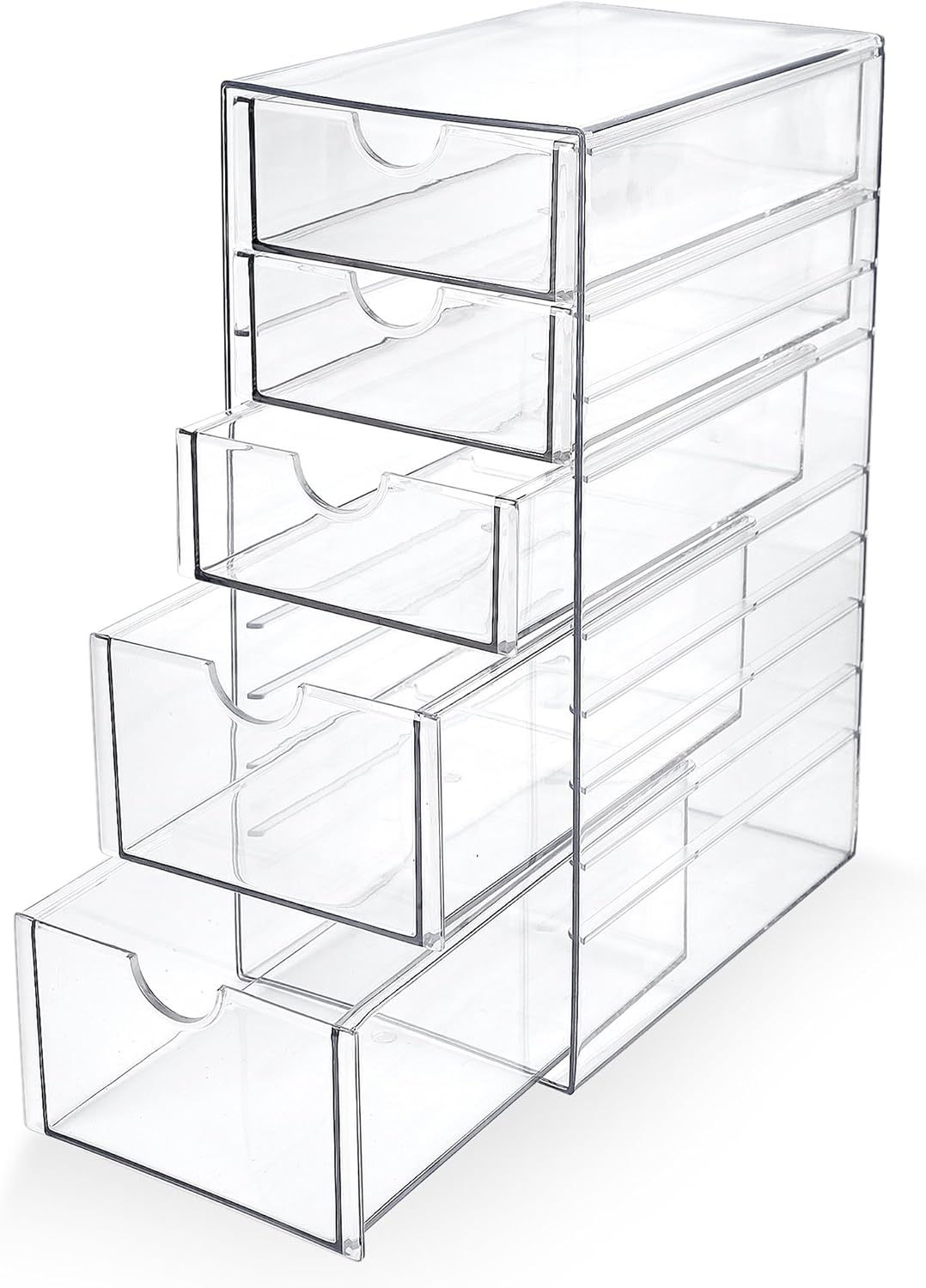 Prsildan Acrylic Makeup Organizer, 2 Pack Stackable Storage Drawers with 6 Drawers for Office Desk Vanity Craft Room Clear Drawer Organizers for Hair Accessories Art Supplies Cosmetics Modular System