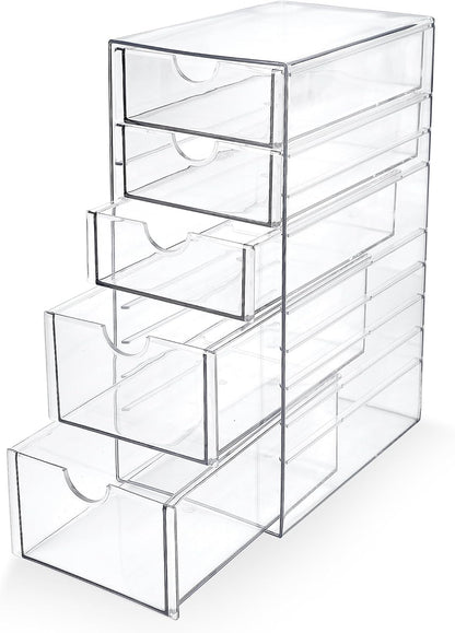 Prsildan Acrylic Makeup Organizer, 2 Pack Stackable Storage Drawers with 6 Drawers for Office Desk Vanity Craft Room Clear Drawer Organizers for Hair Accessories Art Supplies Cosmetics Modular System