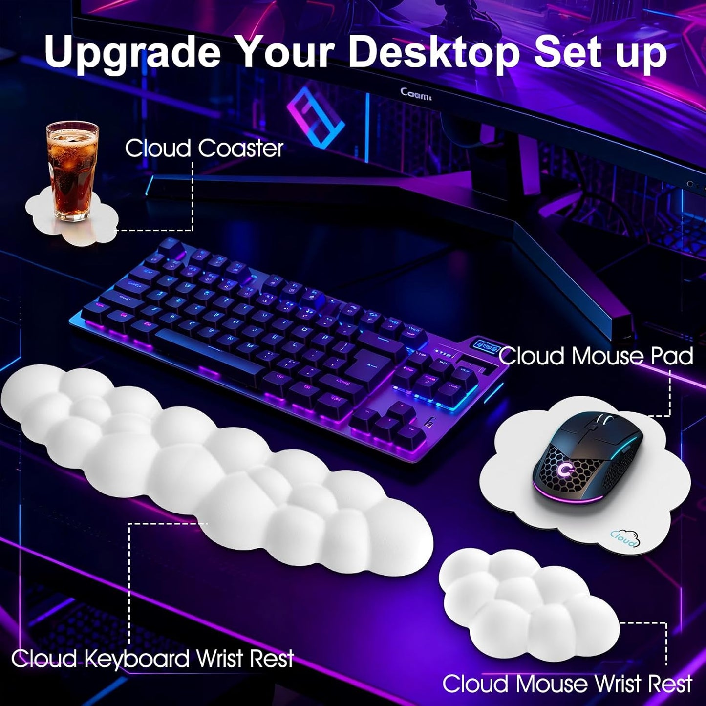 Sushret Cloud Wrist Rest for Computer Keyboard, 4-in-1 Memory Foam Leather Cloud Keyboard Wrist Rest and Mouse Pad Set with Ergonomic Support for Arm and Palm Cushion, Gaming/Work Setup, Rainbow