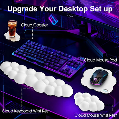 Sushret Cloud Wrist Rest for Computer Keyboard, 4-in-1 Memory Foam Leather Cloud Keyboard Wrist Rest and Mouse Pad Set with Ergonomic Support for Arm and Palm Cushion, Gaming/Work Setup, Rainbow