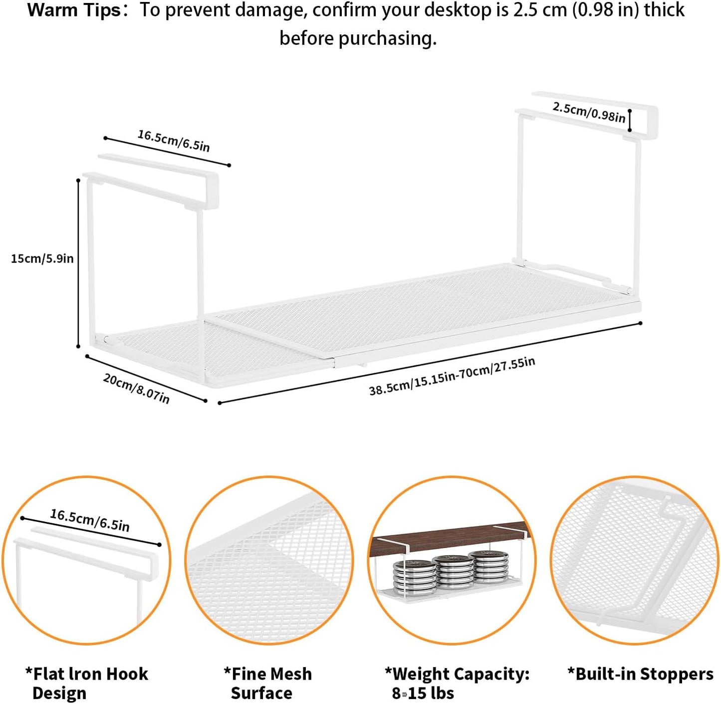 1 Pack Expandable Under Cabinet Shelf, Under Shelf Basket with 0.94 Inches Thick Clips for Kitchen Cupboard, Metal Hanging Under Desk Basket for Laundry Room, Cabinet, Shoe Rack