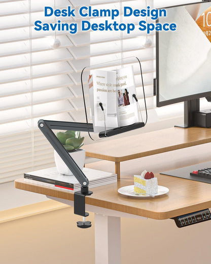 Desk Clamp Acrylic Book Stand for Reading, Ergonomic Design Adjustable Height up to 20 inches with Rotating Bases Cookbook Stand, Suitable for Recipe, Sheet Music, Tablet(Gray)