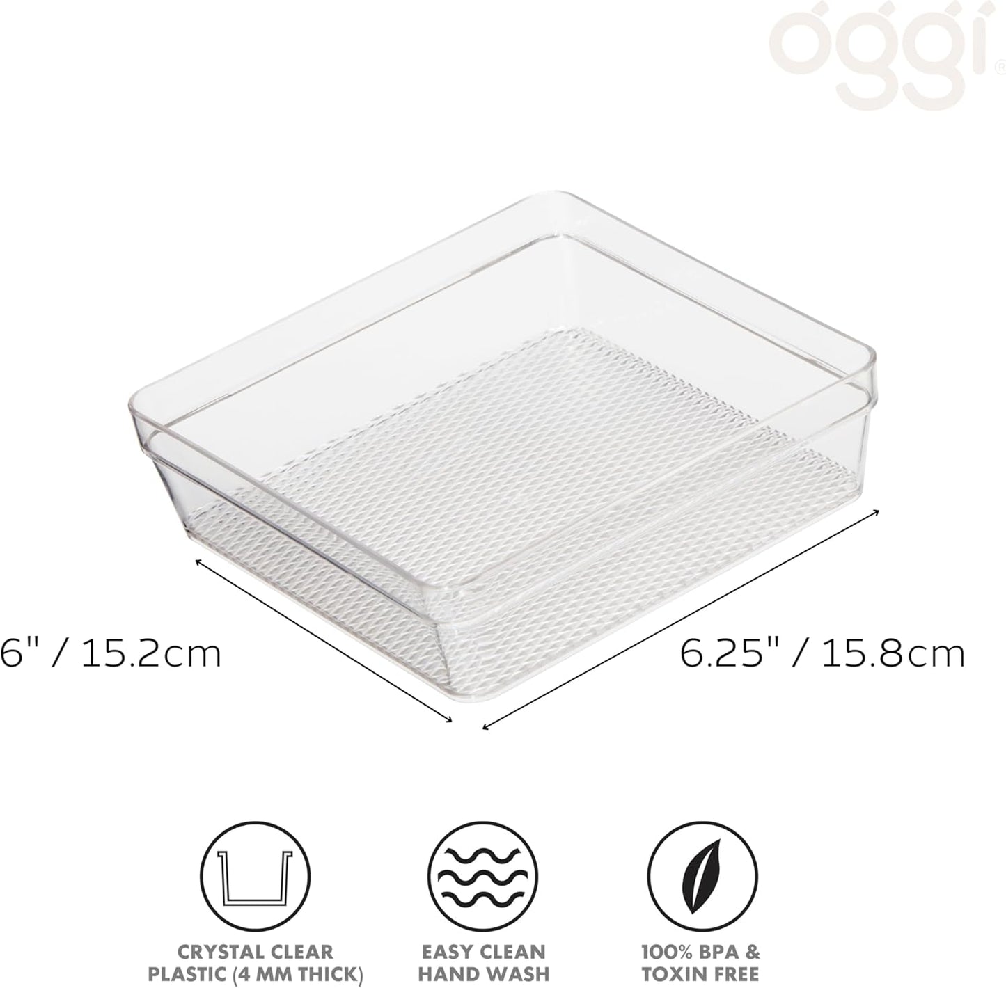 Oggi Set of 5 Clear Drawer Organizers - (1) 3x6.25, (2) 3x9.5, (2) 3x12.5 - Ideal for Organizing Kitchen Drawers, Office, Desk, Silverware, Kitchen Utensils, Cosmetics and Bathrooms