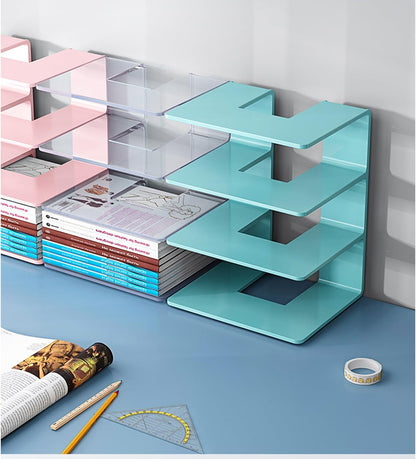 2PCS Acrylic File Organizer for Desk, Desktop Document/Mail Organizer, 4 Compartments Plastics Invisible Bookshelf Floating (12.5" x 5.7" x 5", Black)