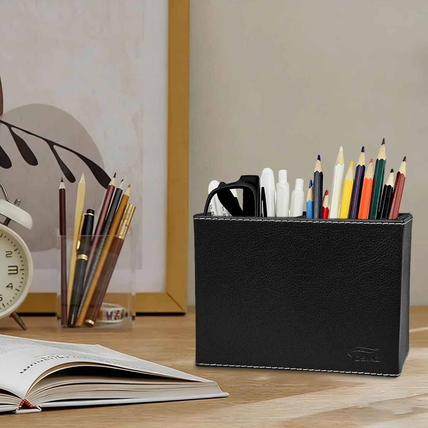 Leather Pen Holder, Brown Pencil Holder, Desktop Elegant Pen Holder for Desk, Stationery Organizer for School Office Home Dorm (3.3" x 3.3" x 4", Brown)