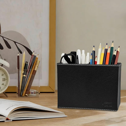 Leather Pen Holder, Brown Pencil Holder, Desktop Elegant Pen Holder for Desk, Stationery Organizer for School Office Home Dorm (3.3" x 3.3" x 4", Brown)