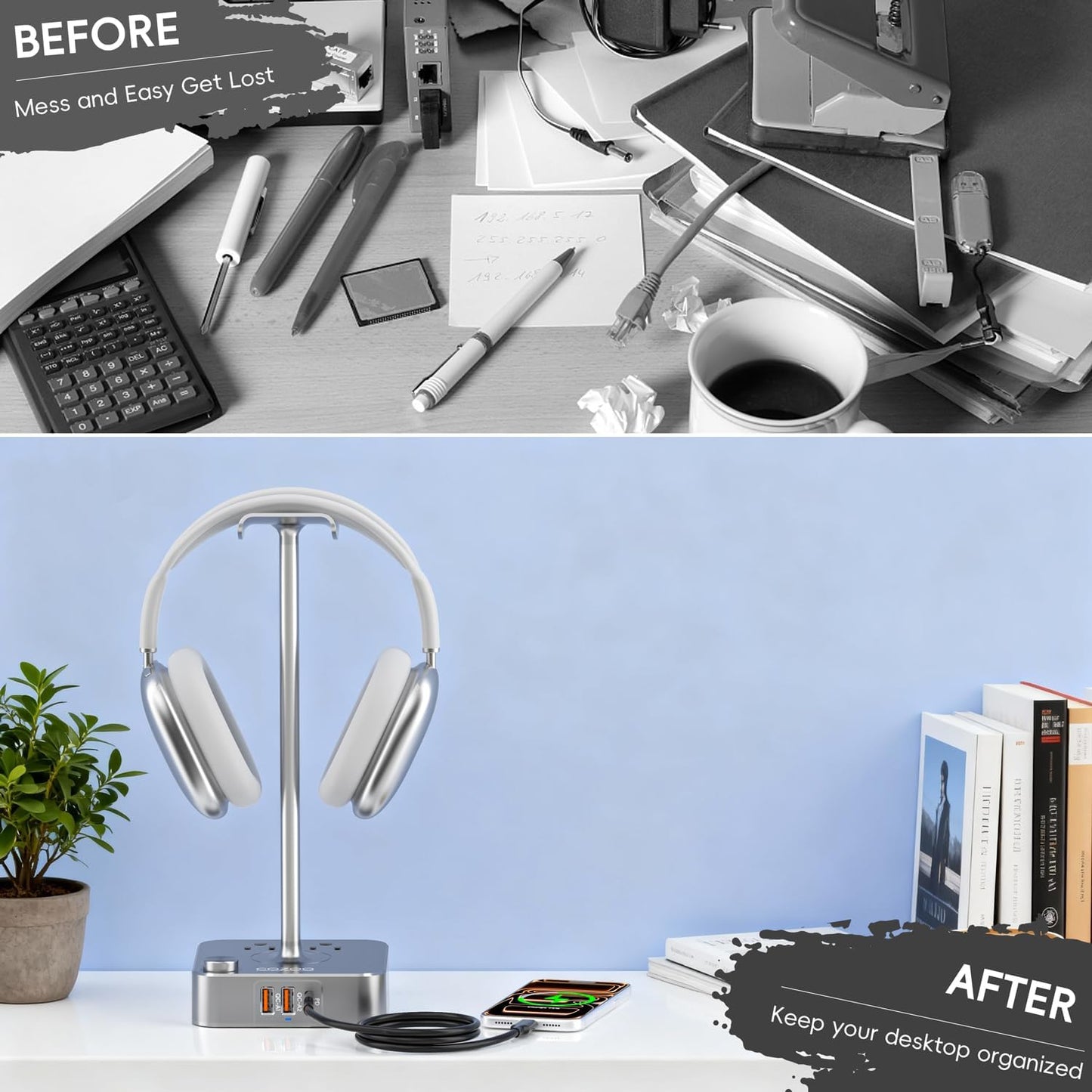 COZOO Headphone Stand with USB Charger Desktop Gaming Headset Holder Hanger with 3 USB Charging Station and 2 Outlets Power Strip,Suitable for Gaming, DJ,Wireless Earphone Display, Gamer Gifts for Men