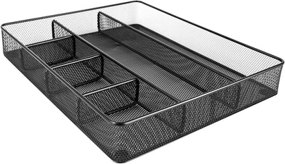 Amazon Basics Metal Mesh Desk Organizer with 6 Compartments, Anti-Slip Pen Holder Storage Tray for Office Supplies and Home, Black