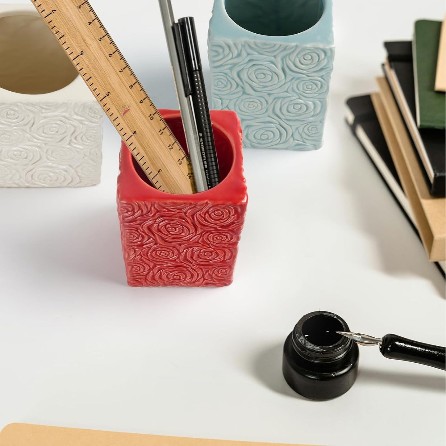 Ceramic Cactus Pen Holder, Cactus Decor Cute Pencil Holder, Makeup Brush Holder for Home, Office Desk Accessories(Dark Green)