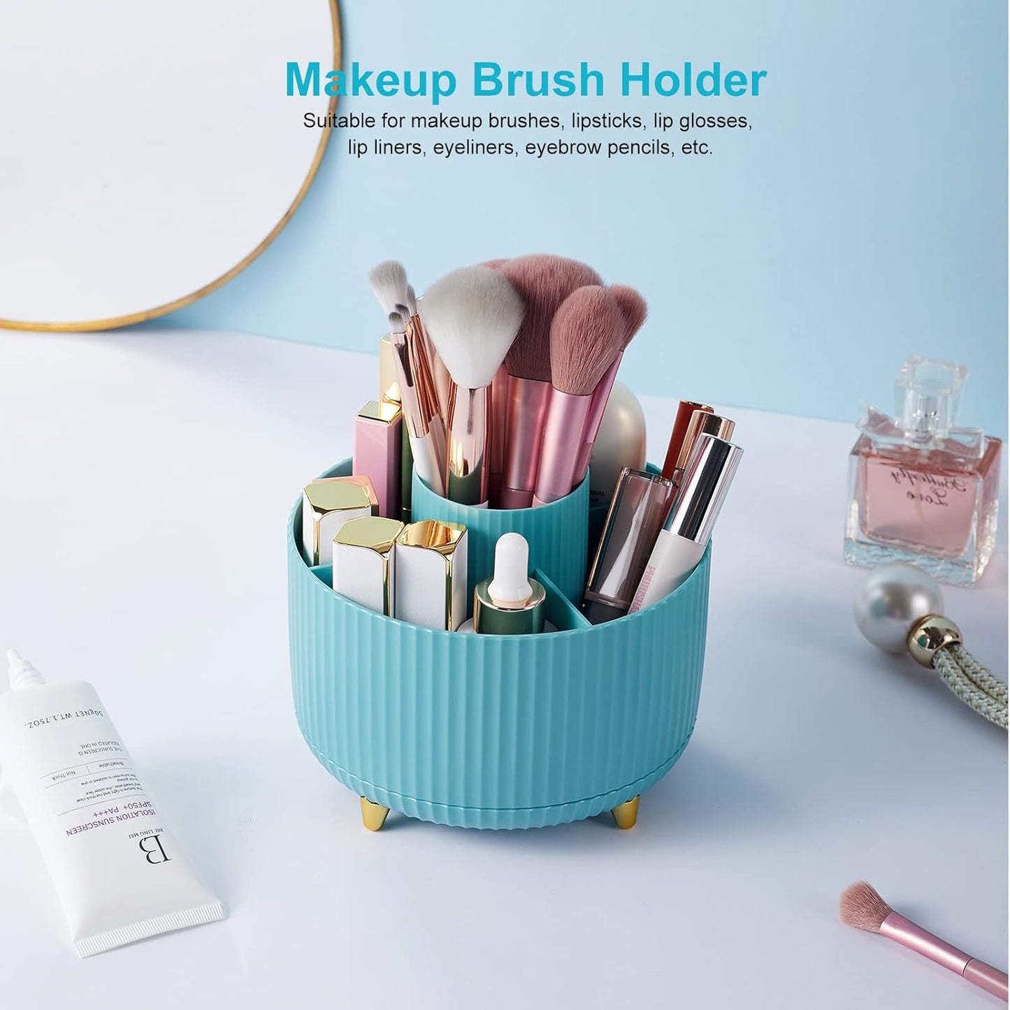 Desk Pencil Pen Holder, 5 Slots 360 Degree Rotating Pencil Pen Organizers for Desk Desktop Storage Stationery Supplies Organizer Cute Pen Cup for Office School Home Art Supply Cream Yellow