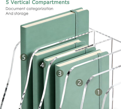 YUXUN Clear Acrylic File Folder Holder - 4 Vertical Compartments Desk Document Sorter, Upright Magazine Rack for Office/Home/Classroom, Stores Documents, Tablets, Magazines, Books & Accessories
