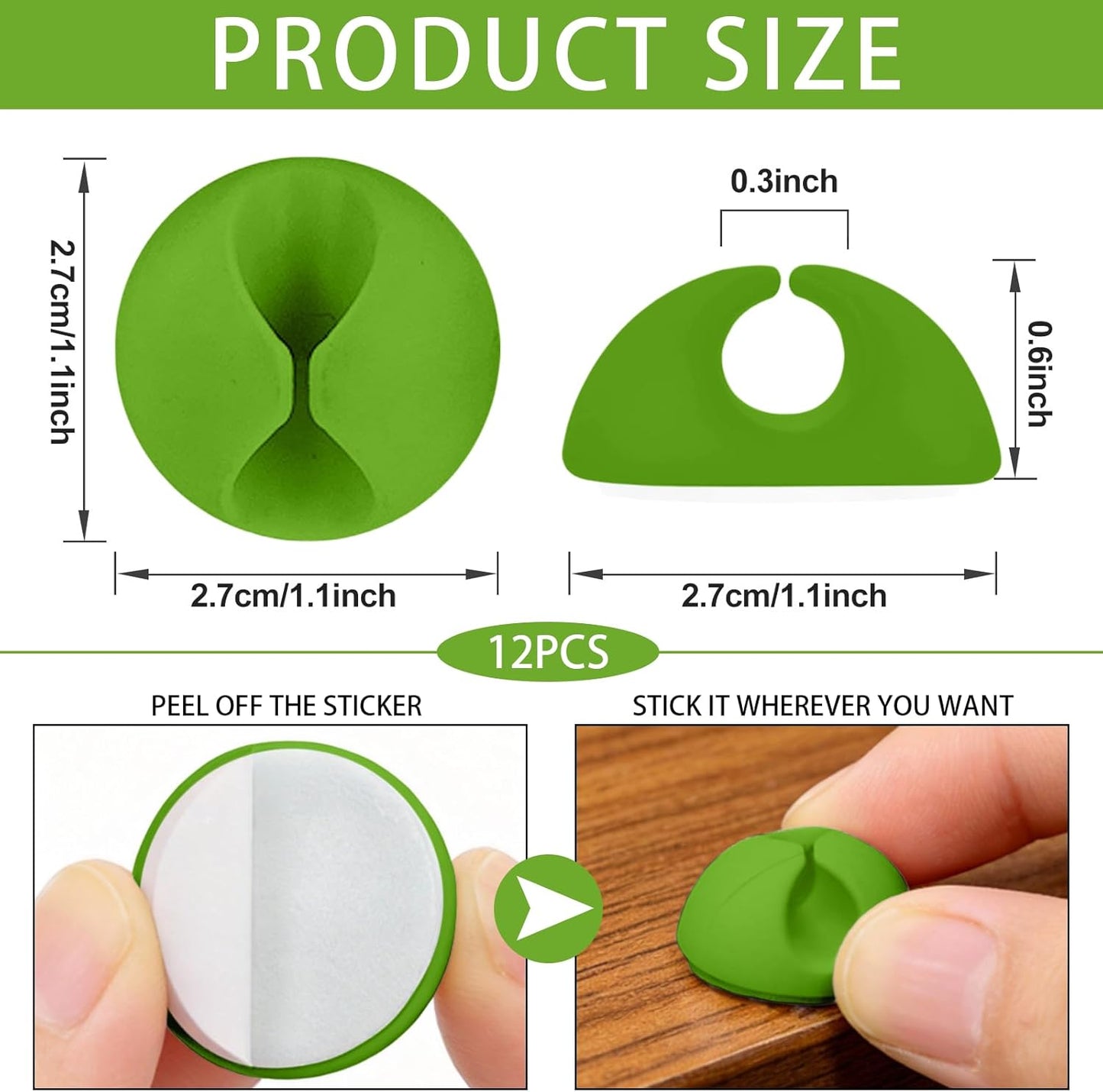 3PCS Cord Holder Cable Clips, Round Silicone Adhesive Cord Organizer Charger Holder Wire Management Keeper for Home, Nightstand, Desk, Office or Mouse, Light Green