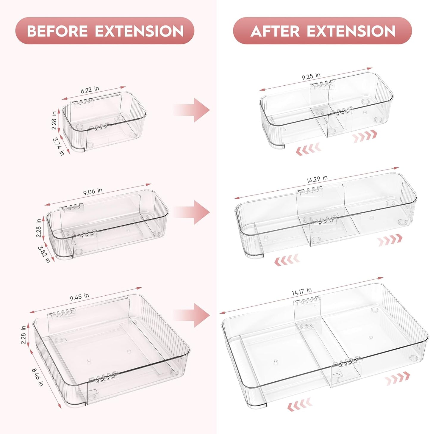 Expandable Drawer Organizer Set, Clear Adjustable Drawer Dividers, 4-Piece Storage Trays for Kitchen, Bathroom, Makeup, Office, Durable PET Material