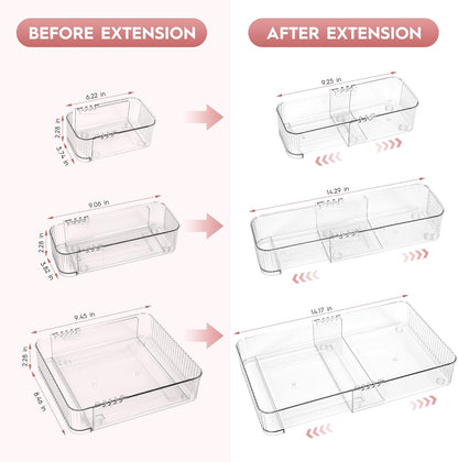 Expandable Drawer Organizer Set, Clear Adjustable Drawer Dividers, 4-Piece Storage Trays for Kitchen, Bathroom, Makeup, Office, Durable PET Material