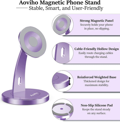 Aoviho Magnetic Phone Stand for Desk – 360° Rotating Aluminum Phone Holder, Stable Desk Stand for Office, Home & Kitchen, Compatible with iPhone 17 Pro Max 16–12 Series and MagSafe Cases, Purple