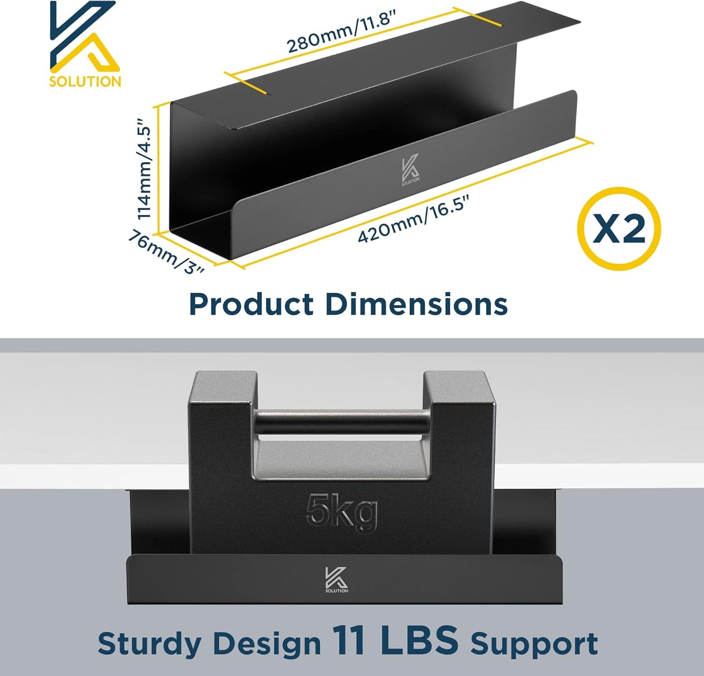2 Pack Cable Management Tray – 16.5 inch Under Desk Cable Organizer Tray for Wire Power Strip - Safe Steel Cable Tray for Desks, Office, and Home (Black)