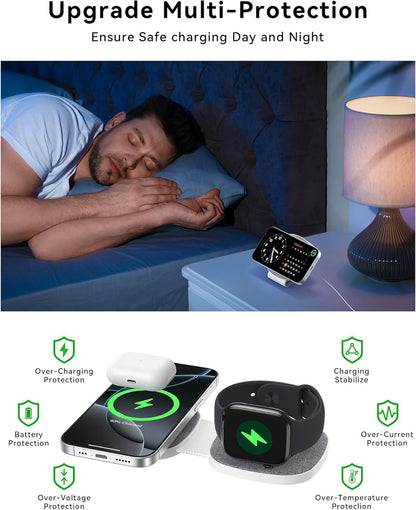 Charging Station for Apple Multiple Devices：2 in 1 Foldable Wireless Charger for Magnetic Wireless Charger Station Travel Charging Pad for Apple iPhone 17 16 15 14 13 12 Series& Apple Watch& Airpods