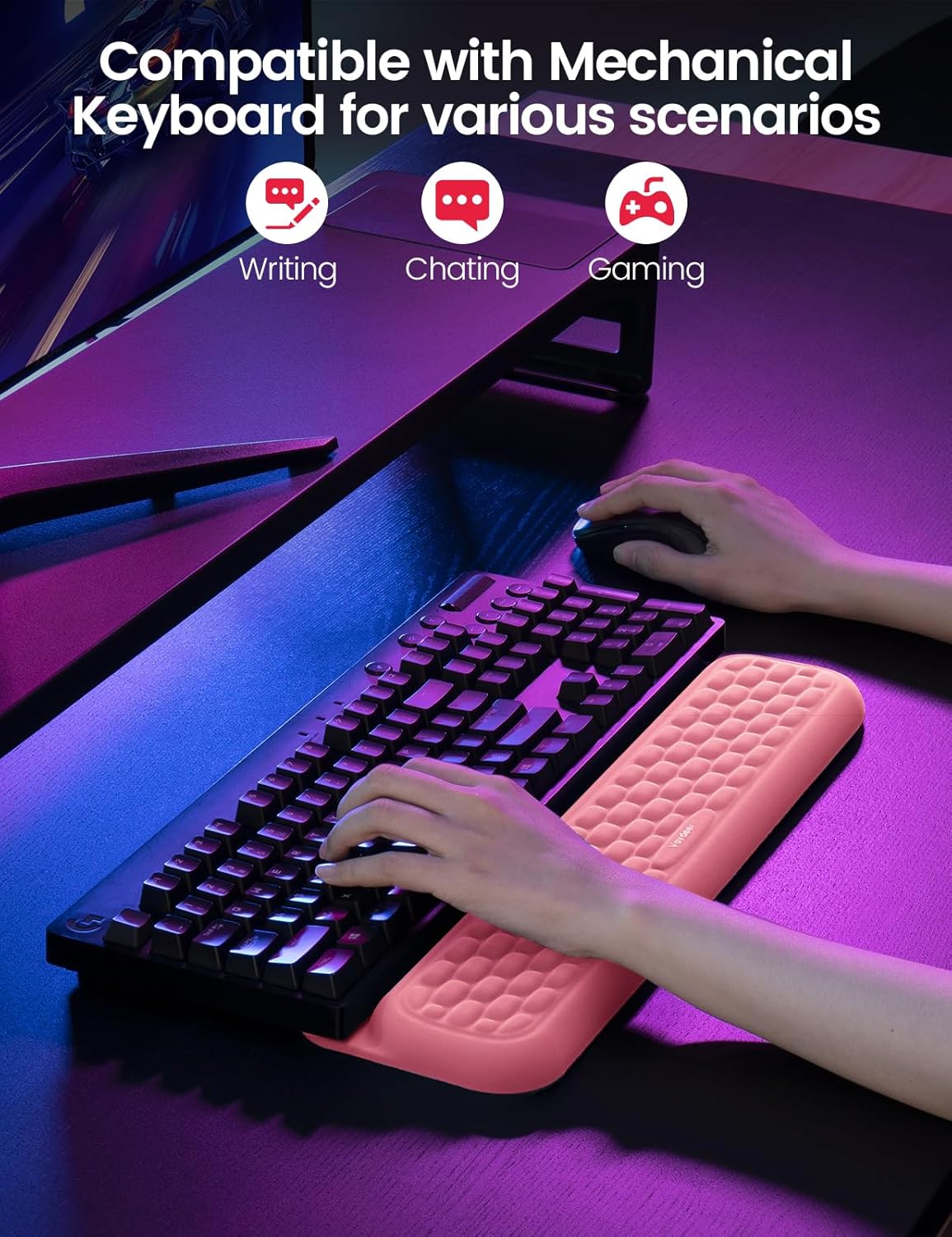 Vaydeer Wrist Rest with Stickers, Full 100% Mechanical Keyboard Rest Support Pad, Desk Ergonomic Cushion for Computer Typing Office Work Home Gaming, Soft Memory Foam Arm Palm Hand Pain Relief-Pink