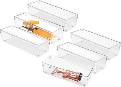 iDesign Plastic Drawer Organizer Bins - Storage for Kitchen, Bathroom, and Desk Drawers - Set of 6 - Clear