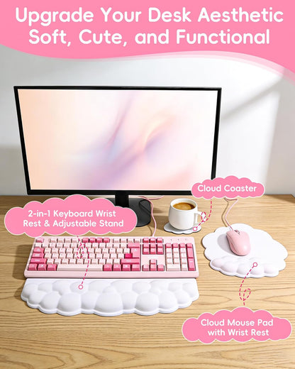 Cloud Wrist Rest Set for Keyboard and Mouse, Ergonomic Memory Foam Wrist Support & Adjustable Keyboard Stand with Two Typing Angles, Silky Lycra Surface, Non-Slip Base (White)