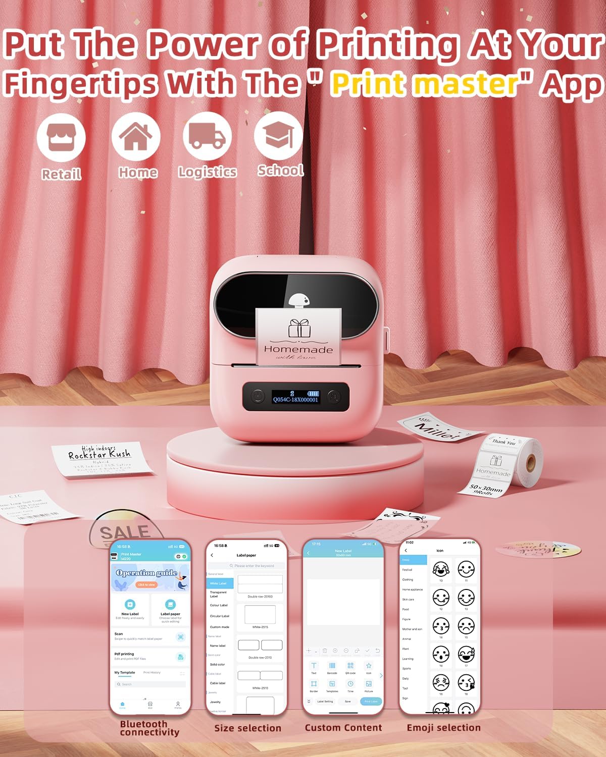 Phomemo Label Maker,M220 Label Printer,3 Inch Bluetooth Thermal Label Maker Machine with 6000+ Icons,700+ Templates,400+ Fonts,for Kids School Items,Small Business,Large Sticker