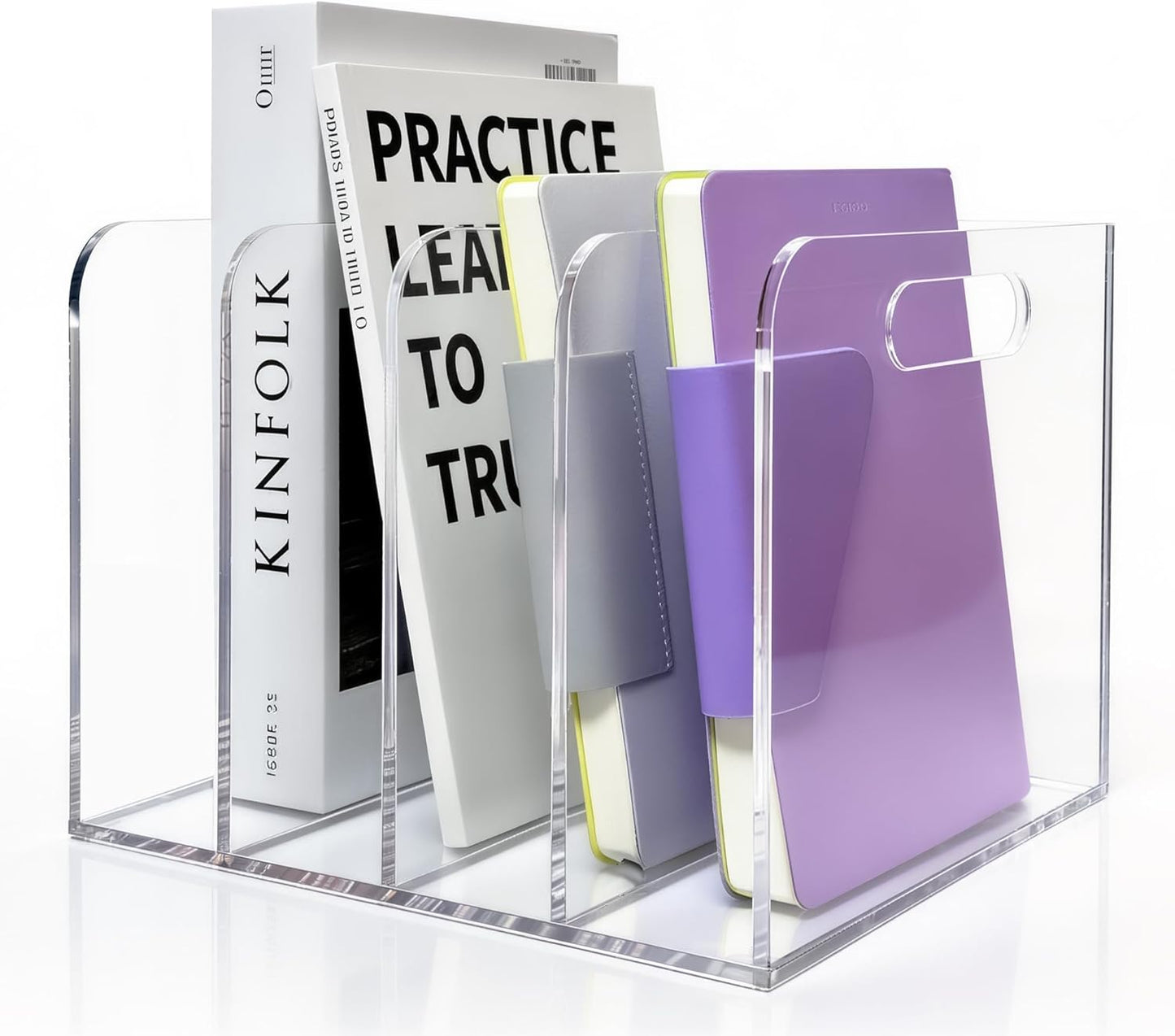 Acrylic Magazine File Holder, 4 Vertical Compartments Desk Document Sorter Organizer, Clear Folder Rack Binder for Office, Documents, Tablets, Magazines, Books – Home/Classroom Rack