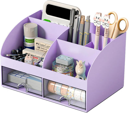 COMFYROOM Desk Organizer with 6 Compartments and 2 Drawers, Plastic Makeup Organizer, Pen Holder for Desktop Storage, Desk Organization for School, Home, Office Supplies (White)