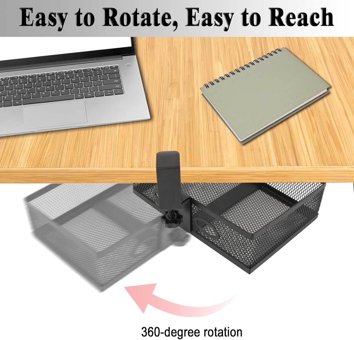 Under Desk Organizer 360° Swivel,under Desk Drawer, Clamp-On No Drill Installation,Sturdy Mesh Storage Drawer for Office,Drawing Room and Kitchen Room,Art Supplies and More(Without Cup Holder)