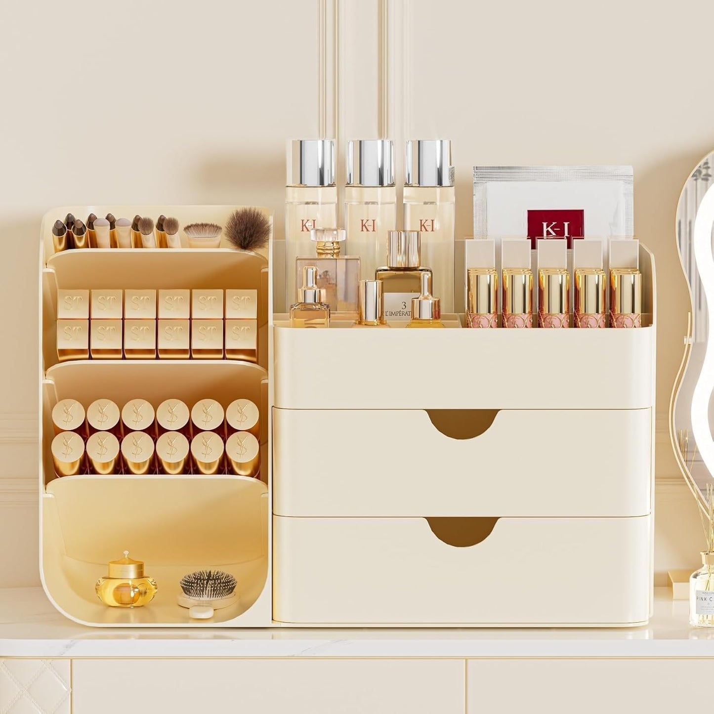 Booklov Makeup Organizer for Vanity, Countertop Cosmetic Display Case with Clear Acrylic Drawers, Bathroom Counter Beauty Caddy, Cute Table Storage Holder for Skincare, Brush Lipsticks, Crystal White