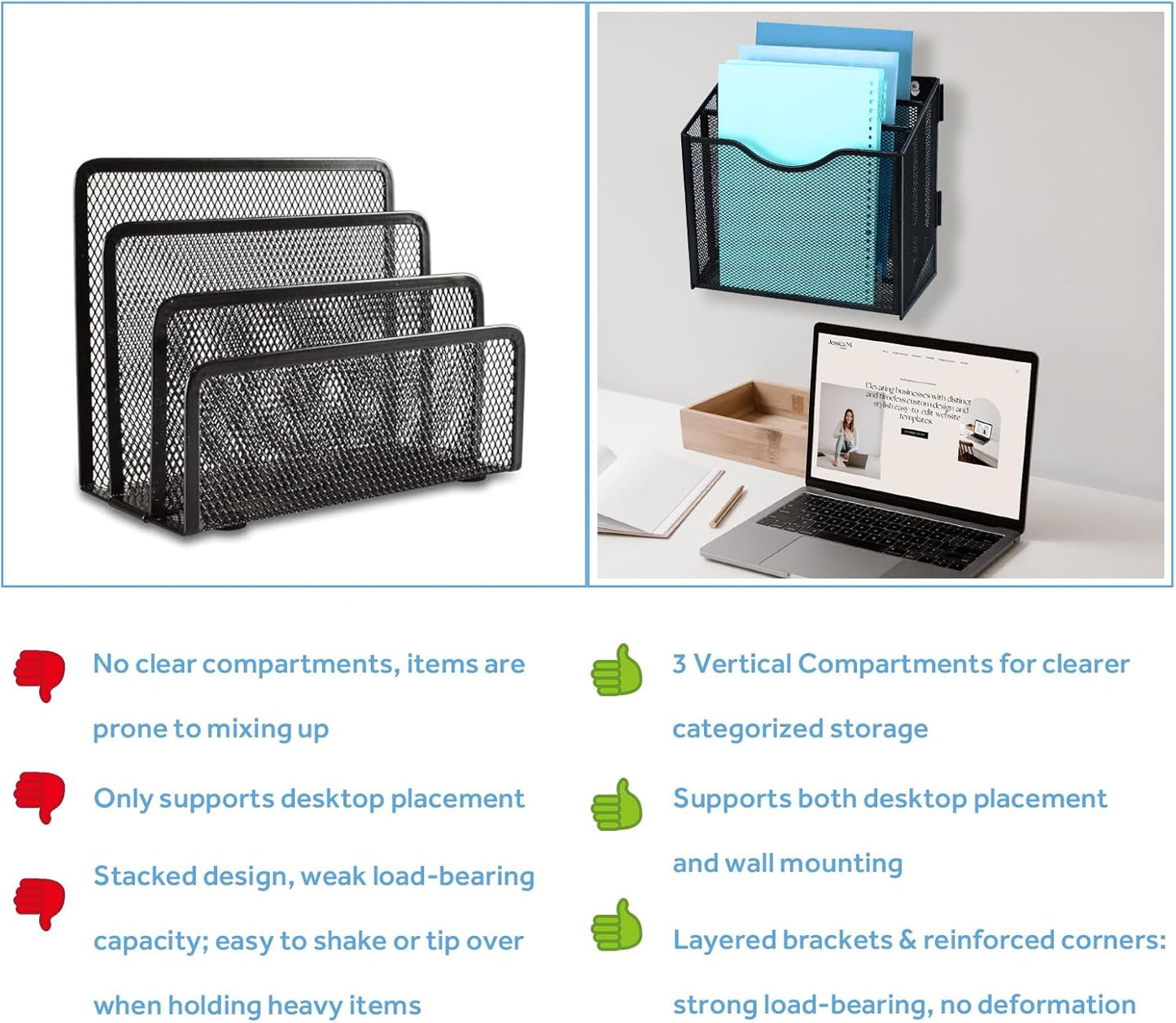 Metal Desktop File Organizer with 3 Vertical Compartments Wall Mounted Mail Paper Document Folder Holder Magazine Storage Rack for Home Office Classroom,Black